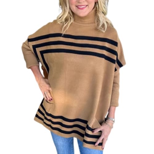 Lurebest Pinklaura Pullover Mit Fledermausärmeln, übergroße Rollkragenpullover Für Damen, Gestreifte Pullover Für Damen, übergroße Pullover Mit Rollkragen Und Langen Fledermausärmeln (Braun,M) von Lurebest