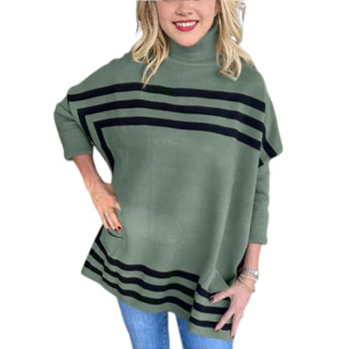 Lurebest Pinklaura Pullover Mit Fledermausärmeln, übergroße Rollkragenpullover Für Damen, Gestreifte Pullover Für Damen, übergroße Pullover Mit Rollkragen Und Langen Fledermausärmeln (Grün,2XL) von Lurebest