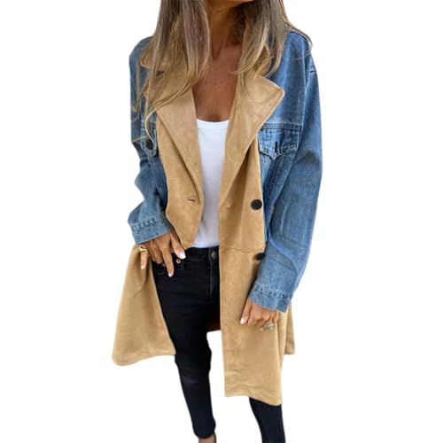 Mittellanger Trenchcoat Mit Jeans-Nähten, Lange Jeansjacke Für Damen, Trenchcoat Mit Langen Ärmeln Und Knopfleiste, Schmaler Jeans-Trenchcoat Mit Revers (Blau,5XL) von Lurebest