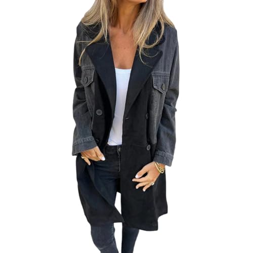 Mittellanger Trenchcoat Mit Jeans-Nähten, Lange Jeansjacke Für Damen, Trenchcoat Mit Langen Ärmeln Und Knopfleiste, Schmaler Jeans-Trenchcoat Mit Revers (Schwarz,S) von Lurebest