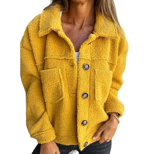 Warme, Kurze Reversjacke Für Damen, Lässige, Langärmlige, Flauschige Sherpa-Fleece-Jacke Mit Knopfleiste, Flauschige Reversjacke Mit Taschen (Gelb,XL) von Lurebest