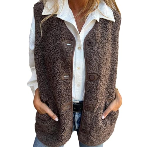 Women's Fall Button Down Short Warm Vest, Winter Women's Warm Suede Vest Jacket, Lightweight Button Down Cropped Warm Vest, Sleeveless Warm Vest with Pockets (Braun,XL) von Lurebest