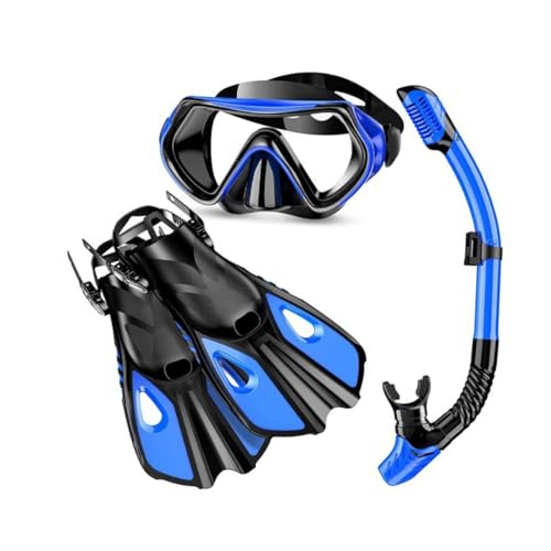 Schnorchelset mit Flossen, Schnorchelausrüstung in Reisegröße mit Schwimmflossen, Hochwertige Tauchermaske für Kinder Erwachsene-Blue-A||S/M von Lyria
