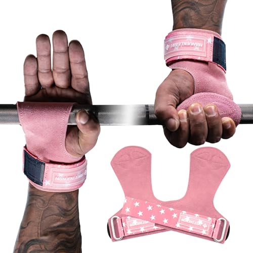 MANUEKLEAR Gewichtheben-Handgelenkbänder mit gepolsterter Handgelenkschlaufe, Leder-Gewichtheben, Handgelenkriemen für Kreuzheben, Powerlifting, Profi Lifting Straps für Frauen (Pink) von M MANUEKLEAR