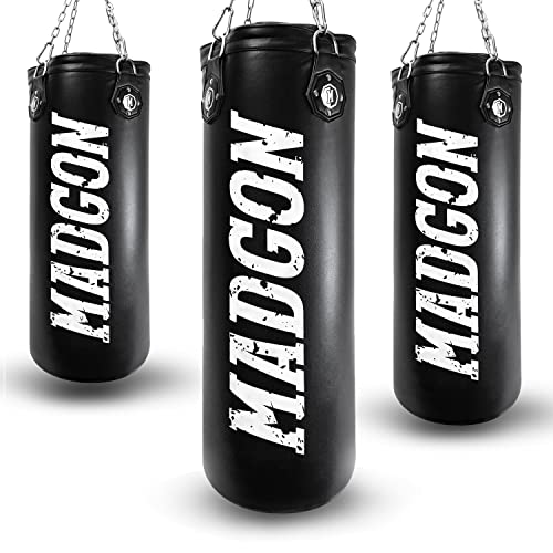 MADGON Boxsack gefüllt & ungefüllt 80/120/150cm Höhe. Sandsack mit optimaler Schlagdämpfung für sicheres Training. Punch Bag mit Langer Haltbarkeit für Erwachsene & Jugendliche. Mit Kette + Karabiner von MADGON