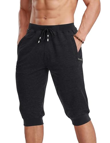 MAGCOMSEN 3/4 Hose Herren Sommer Sportshort Baumwolle Kurz Laufhose Männer Leicht Bermuda Short Outdoor Fitness Capri Gummibund Atmungsaktiv Funktionshose Schwarz 36 von MAGCOMSEN