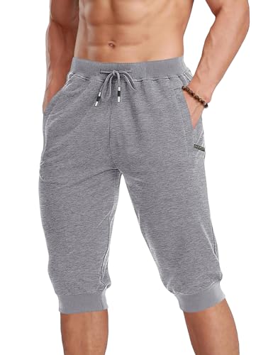 MAGCOMSEN Herren Sport Capri 3/4 Sommer Hose Atmungsaktiv Fitness Shorts mit Multi Taschen Herren Leicht Trainingshose Kurz Slim Fit Wanderhose Hellgrau 38 von MAGCOMSEN