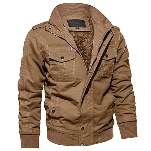 MAGCOMSEN Herren Fliegerjacke Warme Fleecejacke Gefütterte Winterparka Lässig Militär Jacke Taktische Jacken Stehkragen Jacke Windjacke Mantel Retro Jacke Khaki XL (Etikett: 2XL) von MAGCOMSEN