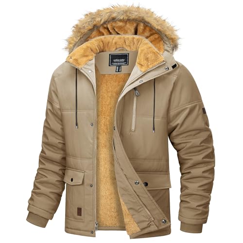 MAGCOMSEN Herren Gefütterte Winterparka Winddicht Daunenjacke Outdoor Fleecejacke Männer Wasserabweisende Freizeitjacke Wandern Camping Jacke Verdickt Skijacke mit Fellkapuze Khaki XL von MAGCOMSEN