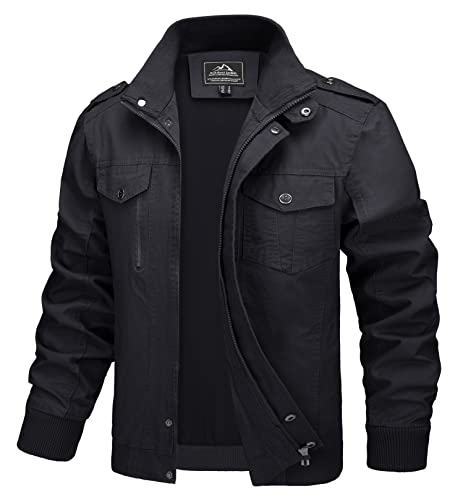 MAGCOMSEN Herren Stehkragen Cargo Jacke Baumwolle Armee Feldjacke Herren Outdoor Winddicht Blouson Atmungsaktiv Freizeitjacke Retro Bomber Jacken mit Taschen Schwarz S von MAGCOMSEN