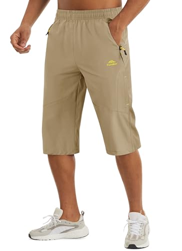 MAGCOMSEN Männer Outdoorhose Capri Wander Hose Casual Freizeithose Herren Atmungsaktiv Trainingshose Elastisch Shorts Radhose Leicht Jagdhose mit 3 Zip-Taschen Khaki, 32 von MAGCOMSEN