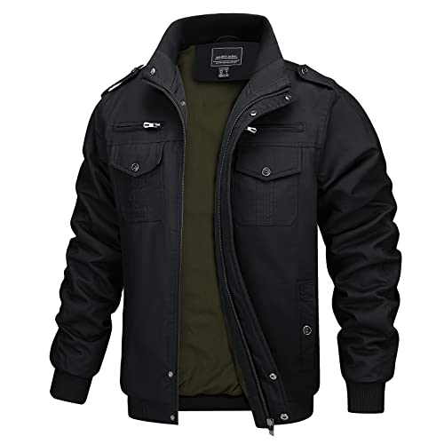 MAGCOMSEN Herren Military Jacke Leicht Übergangsjacke Winddichte Outdoorjacke Herbst Windjacke Baumwolle Fliegerjacke, Schwarz L von MAGCOMSEN