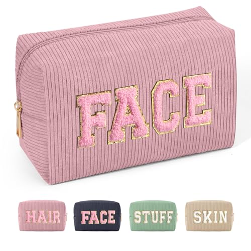 MAGEFY Chenille Letter Kleine Make up Tasche Cord Kosmetiktasche mit Innentasche Reise Schminktasche Kosmetiktasche Klein für Handtasche Damen, Rosa-FACE MAGEFY Chenille Letter Kleine Make up Tasche Cord Kosmetiktasche mit Innentasche Reise Schminktasche Kosmetiktasche Klein für Handtasche Damen, Rosa-FACE von MAGEFY