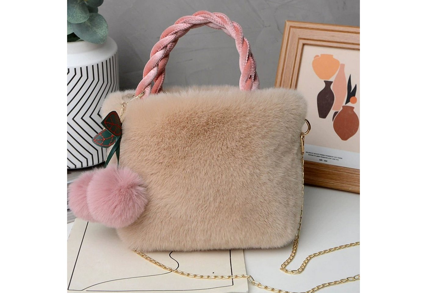 MAGICSHE Umhängetasche Handtasche mit Kirsche Plüsch Ball, Flauschig und weich von MAGICSHE