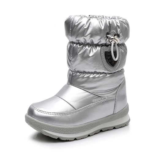 Kinder Schneestiefel, Jungen Und Mädchen Winter Warme Baumwollschuhe Verdicktes Fell Gefüttert Seitlicher Reißverschluss Hohe Oberseite Wasserdicht Rutschfest Outdoor Wanderstiefel , 31 EU ,Silver von MANYUBEI