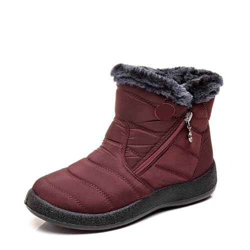 MANYUBEI Damen Schneestiefel, Stiefeletten Große Winter Warme Baumwollschuhe Verdicktes Fell Gefüttert Wasserdicht Seitlicher Reißverschluss rutschfeste Kurze Stiefel, 38 EU,Red von MANYUBEI