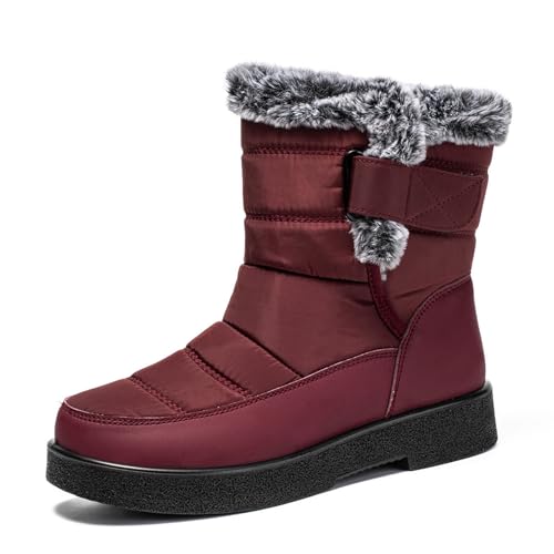 MANYUBEI Damen Schneestiefel, Stiefeletten Winter Warme Baumwollschuhe, Verdicktes Fell Gefüttert Hohe wasserdichte rutschfeste Kurze Stiefel Outdoor Wandern Hundespaziergang, 38 EU,Red von MANYUBEI