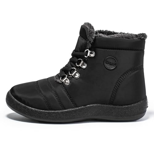 MANYUBEI Damen Schneestiefel, Stiefeletten Winter Warme Baumwollschuhe Verdicktes Fell Gefüttert Wasserdicht Leicht Zum Schnüren rutschfest Kurze Stiefel, 37 EU,Black von MANYUBEI