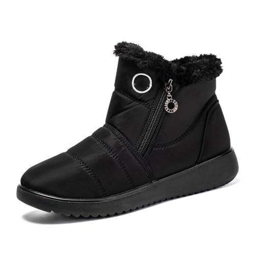 MANYUBEI Damen Schneestiefel, Stiefeletten Winter Warme Baumwollschuhe Verdicktes Fell Gefüttert Wasserdicht Seitlicher Reißverschluss rutschfeste Kurze Stiefel, 38 EU,Black von MANYUBEI