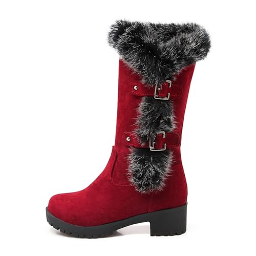 MANYUBEI Damen-Schneestiefel, Wildleder Winterstiefel Mit Plüsch Gefüttert Zum Anziehen Warme Dicke Absätze Bis Zur Mitte Der Wade Leichte Outdoor Anti Rutsch Baumwollstiefel, 39 EU,Red von MANYUBEI