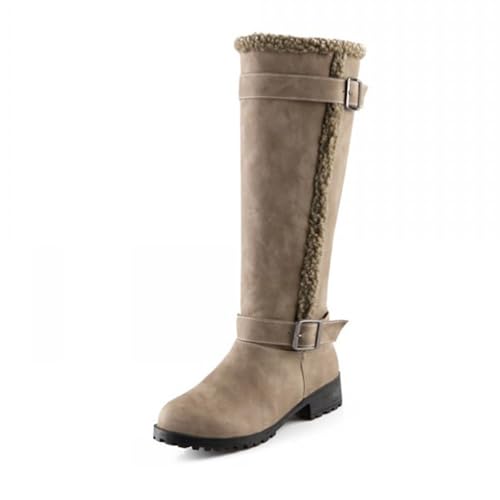 MANYUBEI Damen-Schneestiefel, Winterstiefel, Mit Plüsch Gefüttert Zum Anziehen Warme Dicke Absätze Gürtelschnalle Hohe Stiefel Leichte Outdoor Anti-Rutsch Baumwollstiefel, 38 EU,Khaki von MANYUBEI