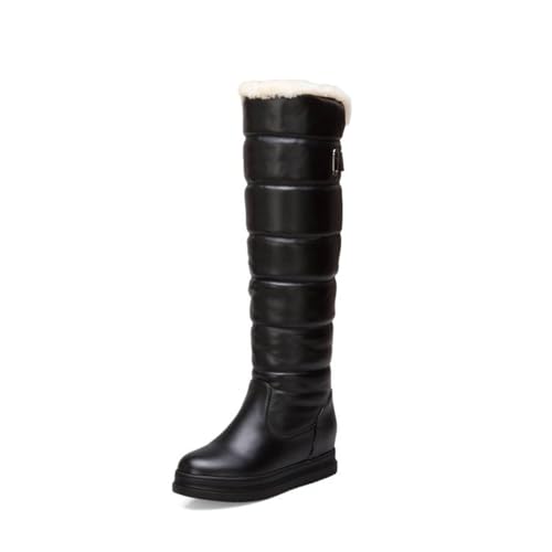 MANYUBEI Damen Schneestiefel, Winterstiefel Dick Mit Fell Gefüttert Wasserdicht Warm Hohe Stiefel Innenhöhe Erhöhen Flache Baumwollschuhe rutschfeste Lange Stiefel, 39 EU,Black von MANYUBEI