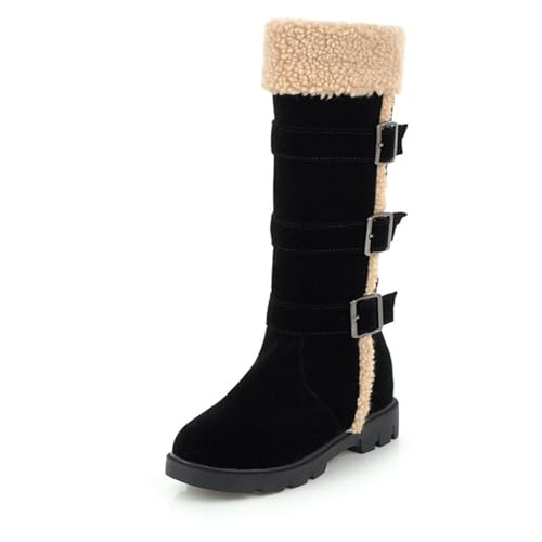 MANYUBEI Damen Schneestiefel, Winterstiefel Gefrostete Oberfläche Plüsch Mitte Der Wade Zum Anziehen Warme Flache Sohle Gürtelschnallenstiefel Leichte, rutschfeste Baumwollstiefel, 36 EU,Black von MANYUBEI