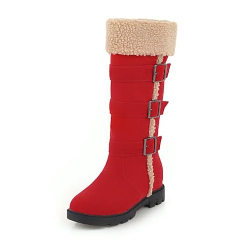 MANYUBEI Damen Schneestiefel, Winterstiefel Gefrostete Oberfläche Plüsch Mitte Der Wade Zum Anziehen Warme Flache Sohle Gürtelschnallenstiefel Leichte, rutschfeste Baumwollstiefel, 37 EU,Red von MANYUBEI