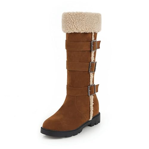 MANYUBEI Damen Schneestiefel, Winterstiefel Gefrostete Oberfläche Plüsch Mitte Der Wade Zum Anziehen Warme Flache Sohle Gürtelschnallenstiefel Leichte, rutschfeste Baumwollstiefel, 38 EU,Brown von MANYUBEI