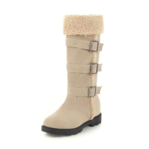 MANYUBEI Damen Schneestiefel, Winterstiefel Gefrostete Oberfläche Plüsch Mitte Der Wade Zum Anziehen Warme Flache Sohle Gürtelschnallenstiefel Leichte, rutschfeste Baumwollstiefel, 44 EU,Beige von MANYUBEI