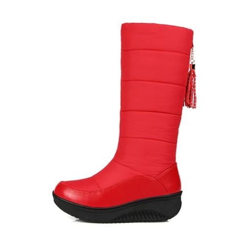 MANYUBEI Damen Schneestiefel, Winterstiefel Mit Fell Gefüttert Wasserdicht Warm Dicker Boden Flache Sohlen Mittlere Wade Leichte Outdoor Anti Rutsch Baumwollstiefel, 41 EU,Red von MANYUBEI