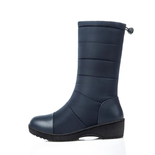 MANYUBEI Damen Schneestiefel, Winterstiefel Mit Fell Gefüttert Wasserdicht Warm Dicker Boden Flache Sohlen Mittlere Wade Leichte Outdoor Anti Rutsch Baumwollstiefel,35 EU,Blue von MANYUBEI