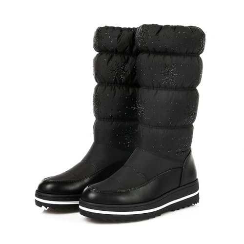 MANYUBEI Damen Schneestiefel, Winterstiefel Mit Fell Gefüttert Wasserdicht Warm Elastisch Baumwollstiefel Bis Zur Mitte Der Wade Leichte rutschfeste Outdoor Skistiefel, 37 EU,Black von MANYUBEI