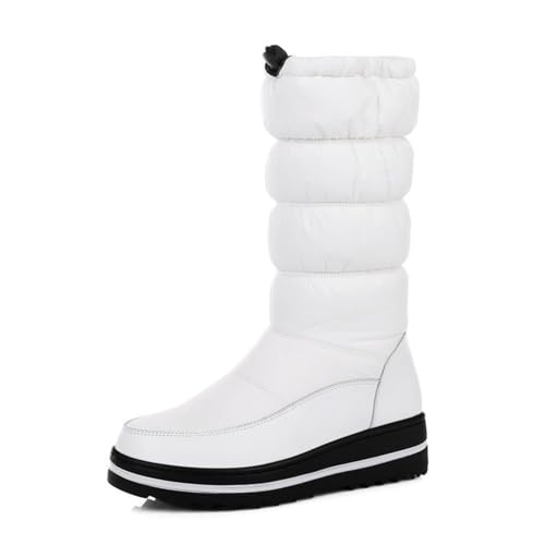 MANYUBEI Damen Schneestiefel, Winterstiefel Mit Fell Gefüttert Wasserdicht Warm Elastisch Bis Zur Mitte Der Wade Lässige Flache Schuhe Leichte Outdoor Anti Rutsch Baumwollstiefel, 40 EU,White von MANYUBEI