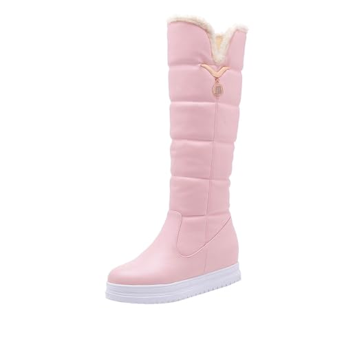 MANYUBEI Damen Schneestiefel, Winterstiefel Mit Fell Gefüttert Wasserdicht Warm Hohe Stiefel Innenhöhe Erhöhen Lässige Flache Baumwollschuhe rutschfeste Lange Stiefel, 43 EU,Pink von MANYUBEI