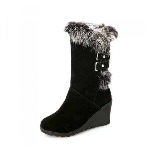 MANYUBEI Damen Schneestiefel, Winterstiefel Plüsch Stiefel in Der Mitte Der Wade Zum Anziehen Warme Keilabsätze Gürtelschnalle Leichte Outdoor Anti-Rutsch Baumwollstiefel, 36 EU,Black von MANYUBEI