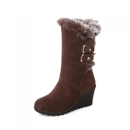 MANYUBEI Damen Schneestiefel, Winterstiefel Plüsch Stiefel in Der Mitte Der Wade Zum Anziehen Warme Keilabsätze Gürtelschnalle Leichte Outdoor Anti-Rutsch Baumwollstiefel, 37 EU,Brown von MANYUBEI