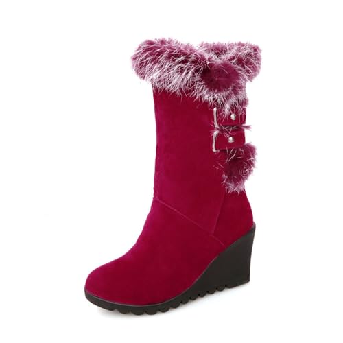 MANYUBEI Damen Schneestiefel, Winterstiefel Plüsch Stiefel in Der Mitte Der Wade Zum Anziehen Warme Keilabsätze Gürtelschnalle Leichte Outdoor Anti-Rutsch Baumwollstiefel, 38 EU,Red von MANYUBEI