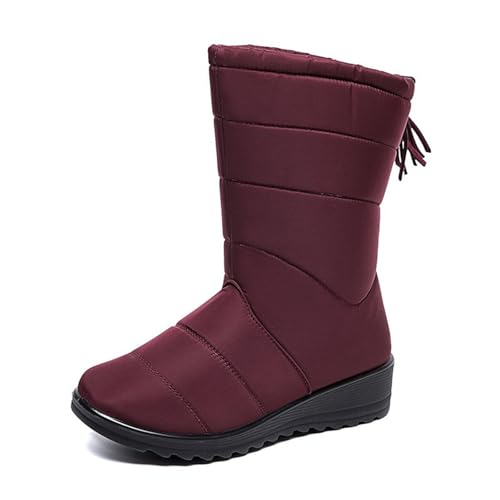 MANYUBEI Damen Schneestiefel, Winterstiefel Plüschgefüttert Zum Anziehen Wasserdicht Warm Dick Mit Keilabsätzen Mittelhohe Leichte rutschfeste Baumwollstiefel Für Den Außenbereich, 40 EU,Red von MANYUBEI