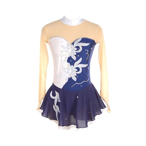 MANYUBEI Eiskunstlauf Kleid Für Erwachsene, Mädchen Und Kinder Eislaufröcke Hoher Kragen Lange Ärmel Glänzende Strasssteine Wettbewerbs Performance Kleidung Gymnastik Tanzbekleidung,2XS, Navy Blue von MANYUBEI