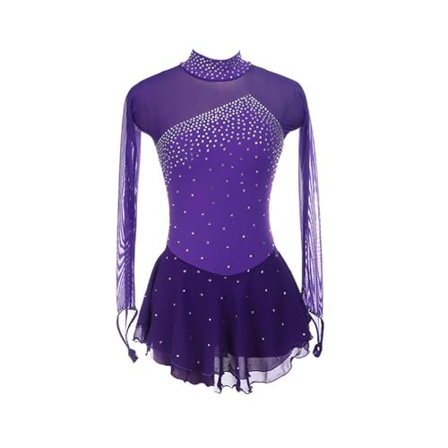 MANYUBEI Eiskunstlauf Kleid Für Erwachsene Und Kinder, Mädchen Eiskunstlauf Röcke Hoher Kragen Lange Ärmel Glänzende Strasssteine Wettbewerbs Performance Kleidung Gymnastik Tanzbekleidung,M, Purple von MANYUBEI