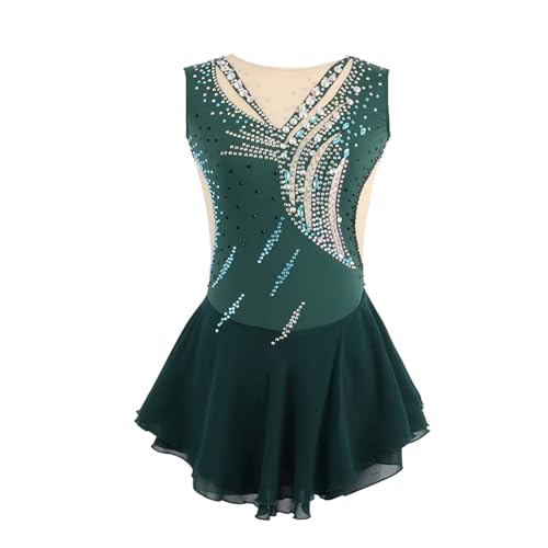 MANYUBEI Eiskunstlauf Kleid Für Erwachsene Und Kinder, Mädchen Eislauf Röcke Ärmellos Bunte Strasssteine Wettbewerbs Performance Kleidung Gymnastik Tanzbekleidung,2XL,Green von MANYUBEI