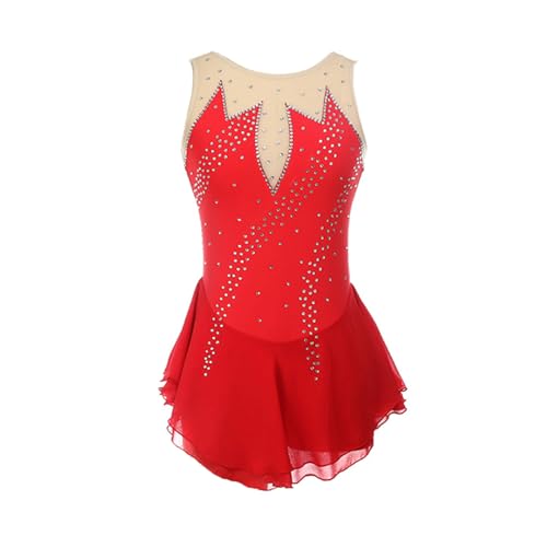 MANYUBEI Eiskunstlauf Kleid Für Erwachsene Und Kinder, Mädchen Eislauf Röcke Ärmellos Glänzende Strasssteine Wettbewerbs Performance Kleidung Gymnastik Tanzbekleidung,S, Red von MANYUBEI