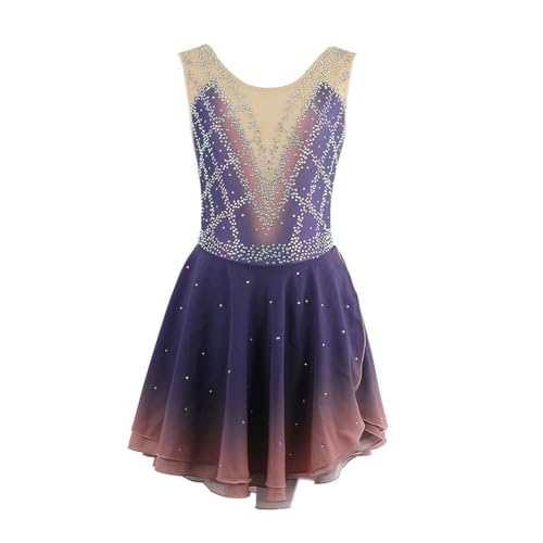 MANYUBEI Eiskunstlauf Kleid Für Erwachsene Und Kinder, Mädchen Eislauf Röcke Ärmellos Lila Farbverlauf Glänzende Strasssteine Wettbewerbs Performance Kleidung Gymnastik Tanzbekleidung,XL,Purple von MANYUBEI