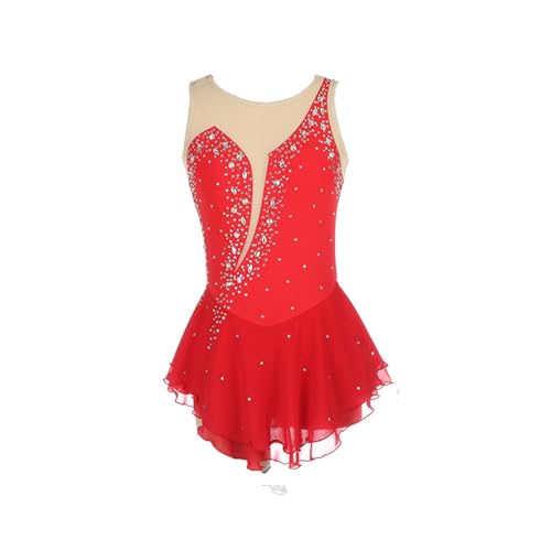 MANYUBEI Eiskunstlauf Kleid Für Erwachsene Und Kinder, Mädchen Eislauf Röcke Ärmellos Runder Kragen Bunte Strasssteine Wettbewerbs Performance Kleidung Gymnastik,2XS, Red von MANYUBEI