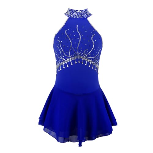 MANYUBEI Eiskunstlauf Kleid Für Erwachsene Und Kinder, Mädchen Eislauf Röcke Ärmellos Schulterfrei Glänzende Strasssteine Wettkampf Performance Kleidung Gymnastik Tanzbekleidung,3XL,Blue von MANYUBEI