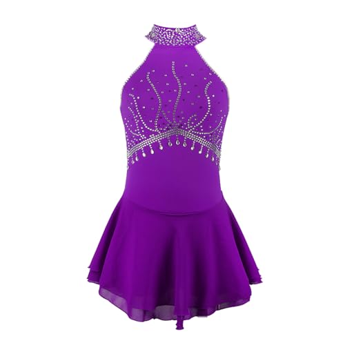 MANYUBEI Eiskunstlauf Kleid Für Erwachsene Und Kinder, Mädchen Eislauf Röcke Ärmellos Schulterfrei Glänzende Strasssteine Wettkampf Performance Kleidung Gymnastik Tanzbekleidung,M,Purple von MANYUBEI