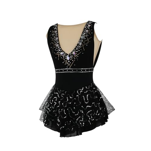 MANYUBEI Eiskunstlauf Kleid Für Erwachsene Und Kinder, Mädchen Eislauf Röcke Ärmellos Schwarze Diamant Pailletten Wettbewerbs Performance Kleidung Gymnastik Tanzbekleidung,3XS,Black von MANYUBEI