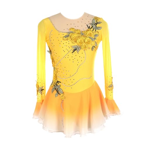 MANYUBEI Eiskunstlauf Kleid Für Erwachsene Und Kinder, Mädchen Eislauf Röcke Farbverlauf Lange Ärmel Blumen Strasssteine Wettbewerbs Performance Kleidung,2XL,Yellow von MANYUBEI