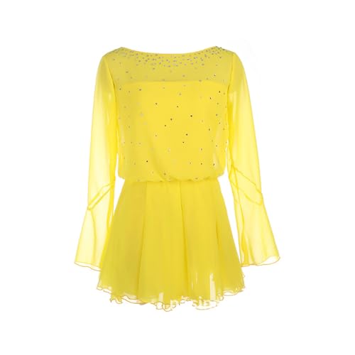 MANYUBEI Eiskunstlauf Kleid Für Erwachsene Und Kinder, Mädchen Eislauf Röcke Lange Ärmel Runder Kragen Strasssteine Wettbewerbs Performance Kleidung Gymnastik Tanzbekleidung,L,Yellow von MANYUBEI